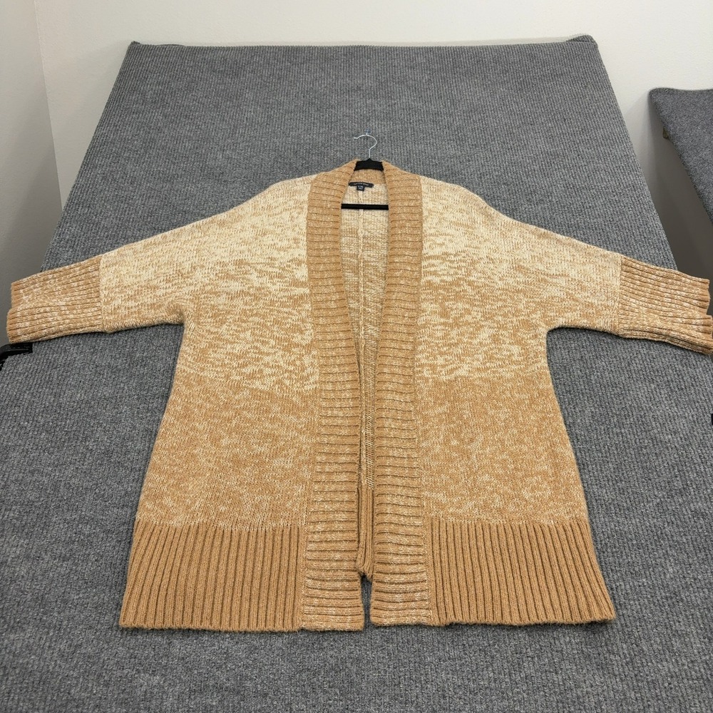 Lands End Cardigan‎ Women L-XL Tan Cotton Blend Ombre Open Front Longline Casual